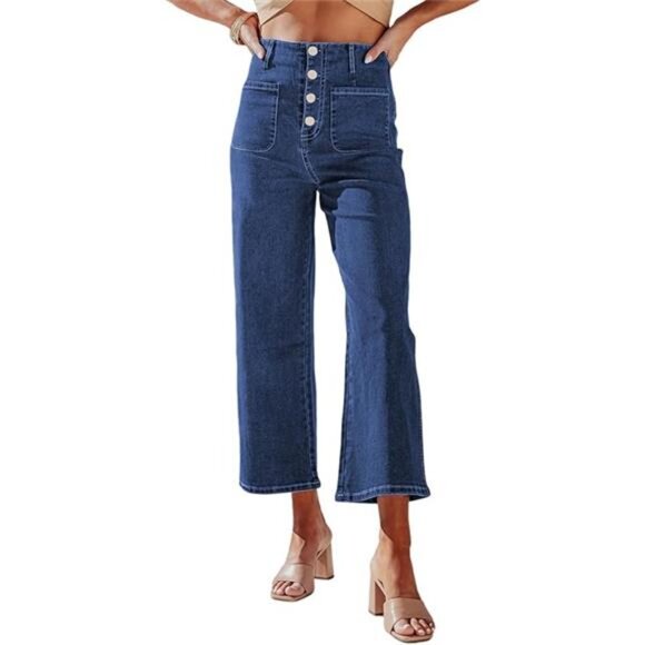 Women's High Waisted Stretchy Wide Leg Jeans Straight Leg Loose Denim Pants - Picture 8 of 8